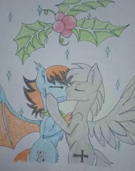 Size: 1586x2012 | Tagged: safe, imported from derpibooru, oc, oc only, oc:blue pixel, oc:silverlining, bat pony, griffon, hybrid, bat pony griffon, gay, holly, holly mistaken for mistletoe, kissing, male, talons, traditional art
