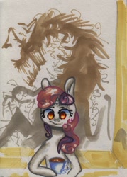 Size: 800x1119 | Tagged: safe, artist:rinioshi, imported from derpibooru, sweetie belle, pony, unicorn, mentally advanced series, drink, female, filly, solo, thrackerzod, traditional art