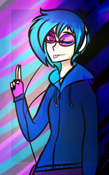 Size: 930x1488 | Tagged: safe, artist:katedoof, imported from derpibooru, dj pon-3, vinyl scratch, human, abstract background, clothes, female, fingerless gloves, gloves, headphones, hoodie, humanized, looking at you, nail polish, one eye closed, peace sign, smiling, solo, sunglasses, tongue out, wink