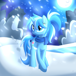 Size: 894x894 | Tagged: safe, artist:kyodashiro, imported from derpibooru, oc, oc only, oc:cold spirea, pony, unicorn, clothes, female, mare, moon, scarf, snow, snowfall, solo