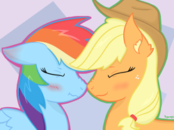 Size: 800x600 | Tagged: safe, artist:dyonys, imported from derpibooru, applejack, rainbow dash, abstract background, appledash, blushing, boop, cute, dashabetes, ear fluff, female, jackabetes, lesbian, noseboop, shipping