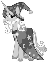 Size: 469x600 | Tagged: safe, edit, imported from derpibooru, star swirl the bearded, pony, unicorn, beard, black and white, cape, cloak, clothes, facial hair, grayscale, hat, male, monochrome, solo, stallion