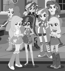 Size: 631x684 | Tagged: safe, edit, imported from derpibooru, applejack, fluttershy, pinkie pie, rainbow dash, rarity, sci-twi, sunset shimmer, twilight sparkle, equestria girls, black and white, grayscale, humane five, humane seven, humane six, monochrome