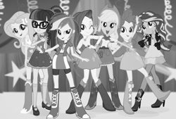 Size: 649x438 | Tagged: safe, edit, imported from derpibooru, applejack, fluttershy, pinkie pie, rainbow dash, rarity, sci-twi, sunset shimmer, twilight sparkle, equestria girls, black and white, boots, clothes, female, glasses, grayscale, high heel boots, humane five, humane seven, humane six, monochrome, shoes, skirt