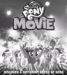 Size: 1594x1792 | Tagged: safe, edit, imported from derpibooru, applejack, capper dapperpaws, captain celaeno, fluttershy, grubber, pinkie pie, princess skystar, queen novo, rainbow dash, rarity, songbird serenade, spike, storm king, tempest shadow, twilight sparkle, abyssinian, alicorn, anthro, bird, cat, dragon, earth pony, pegasus, pony, seapony (g4), unicorn, my little pony: the movie, anthro with ponies, black and white, female, grayscale, headworn microphone, male, mane seven, mane six, mare, monochrome, twilight sparkle (alicorn)