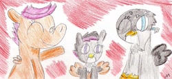 Size: 933x428 | Tagged: safe, artist:ptitemouette, imported from derpibooru, gabby, scootaloo, oc, oc:feather dash, classical hippogriff, griffon, hippogriff, family, gabbyloo, interspecies offspring, magical lesbian spawn, next generation, offspring, parent:gabby, parent:scootaloo, parents:gabbyloo