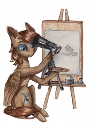 Size: 1598x2160 | Tagged: safe, artist:rinioshi, imported from derpibooru, oc, oc only, oc:atlas, pegasus, pony, male, painting, simple background, sitting, solo, stallion, telescope, traditional art, white background