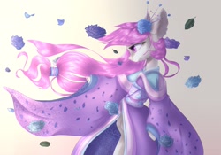 Size: 2560x1792 | Tagged: safe, artist:rinioshi, imported from derpibooru, oc, oc only, earth pony, pony, bipedal, clothes, ear fluff, female, flower, flower in hair, kimono (clothing), mare, simple background, solo, white background