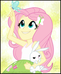 Size: 1749x2110 | Tagged: safe, artist:lunchie, artist:namygaga, imported from derpibooru, angel bunny, fluttershy, butterfly, equestria girls, rainbow rocks, clothes, credits, cute, end credits, female, shine like rainbows, skirt, solo, tanktop