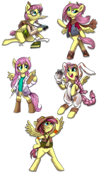 Size: 800x1398 | Tagged: safe, artist:php154, artist:trojan-pony, imported from derpibooru, fluttershy, pegasus, semi-anthro, alternate universe, animal costume, bipedal, book, bunny costume, clothes, commission, costume, cowboy hat, feather, female, glasses, hat, kneeling, lab coat, mare, scarf, simple background, sock puppet, solo, syringe, transparent background