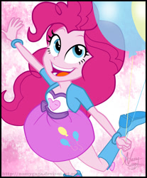 Size: 1749x2110 | Tagged: safe, artist:lunchie, artist:namygaga, imported from derpibooru, pinkie pie, equestria girls, rainbow rocks, balloon, boots, clothes, credits, cute, cutie mark on clothes, end credits, female, open mouth, shine like rainbows, shoes, skirt, solo