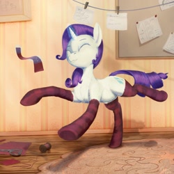 Size: 1024x1024 | Tagged: safe, artist:quvr, imported from derpibooru, rarity, pony, unicorn, clothes, cute, eyes closed, female, levitation, magic, on one hoof, on one leg, raribetes, socks, solo, standing on one leg, striped socks, telekinesis, thigh highs