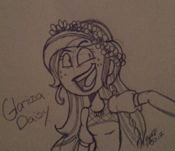 Size: 720x618 | Tagged: safe, artist:visedevergreen, imported from derpibooru, gloriosa daisy, equestria girls, legend of everfree, clothes, female, floral head wreath, flower, freckles, monochrome, no nose, open mouth, smiling, solo, traditional art