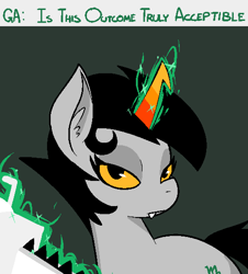 Size: 500x553 | Tagged: dead source, safe, artist:reiduran, imported from derpibooru, pony, unicorn, chainsaw, dialogue, ear fluff, fangs, female, glowing horn, gray background, homestuck, kanaya maryam, lidded eyes, looking at you, magic, mare, ponified, simple background, solo, telekinesis