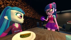 Size: 1920x1080 | Tagged: safe, artist:fivefreddy, imported from derpibooru, sci-twi, sonata dusk, twilight sparkle, equestria girls, 3d, angry, food, gmod, magic, taco