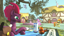 Size: 1280x720 | Tagged: safe, artist:jachau, imported from derpibooru, berry punch, berryshine, carrot top, golden harvest, tempest shadow, bird, pony, unicorn, my little pony: the movie, 3d, bag, blanket, broken horn, drink, eye scar, female, fountain, house, lying down, mare, no armor, pepe (warcraft), quill, scar, scroll, smiling, source filmmaker, tree, warcraft, world of warcraft