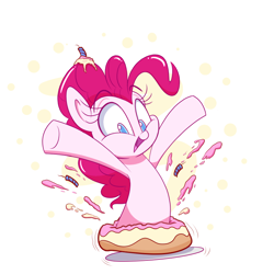 Size: 800x800 | Tagged: safe, artist:heir-of-rick, imported from derpibooru, pinkie pie, earth pony, pony, abstract background, cake, candle, cute, female, food, jumping out of cake, mare, open mouth, pinkie being pinkie, popping out of a cake, smiling, solo