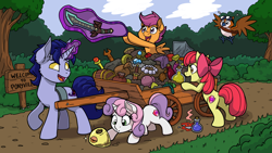 Size: 4800x2700 | Tagged: safe, artist:latecustomer, imported from derpibooru, apple bloom, scootaloo, sweetie belle, oc, bird, night elf, pony, unicorn, cart, commission, cutie mark crusaders, female, filly, pepe (warcraft), potion, quel'delar, smiling, sword, treasure, wallpaper, warcraft, weapon, world of warcraft