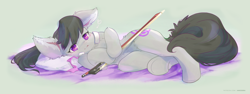 Size: 4258x1600 | Tagged: safe, artist:ancesra, imported from derpibooru, octavia melody, earth pony, pony, bow (instrument), cute, ear fluff, female, fluffy, mare, on side, pillow, side, solo, underhoof