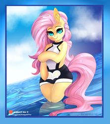 Size: 2521x2837 | Tagged: safe, alternate version, artist:theneithervoid, imported from derpibooru, fluttershy, pony, semi-anthro, bikini, bipedal, clothes, crotchboobikini, cute, female, looking at you, mare, patreon, patreon logo, shyabetes, smiling, solo, swimsuit, water