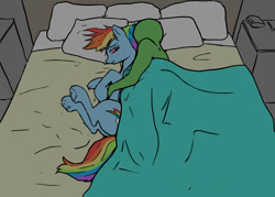 Size: 1152x823 | Tagged: safe, artist:ara, color edit, edit, imported from derpibooru, rainbow dash, oc, oc:anon, human, pegasus, pony, bed, colored, cuddling, female, human on pony snuggling, mare, pillow, snuggling, spooning, underhoof