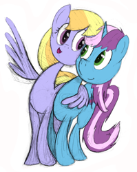 Size: 1572x1977 | Tagged: safe, artist:flowbish, artist:gyrotech, color edit, edit, imported from derpibooru, cloud kicker, oc, oc:gyro tech, pegasus, pony, unicorn, canon x oc, cloudro, colored, female, male, mare, shipping, sketch, stallion, straight, traditional art