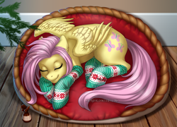 Size: 1295x932 | Tagged: safe, artist:jay-kuro, imported from derpibooru, fluttershy, pegasus, pony, christmas, christmas tree, clothes, cute, female, holiday, mare, shyabetes, sleeping, smiling, socks, solo, stockings, thigh highs, tree