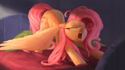 Size: 3556x2000 | Tagged: safe, artist:starblaze25, imported from derpibooru, fluttershy, pegasus, pony, bed, behaving like a dog, blanket, crepuscular rays, cute, eyes closed, face down ass up, female, floppy ears, fluffy, house, mare, morning ponies, open mouth, pandiculation, shyabetes, solo, spread wings, stretching, teeth, wallpaper, wings, yawn