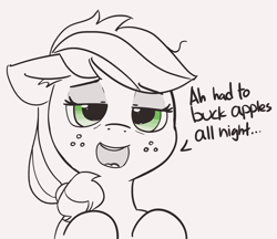 Size: 2112x1827 | Tagged: safe, artist:pabbley, imported from derpibooru, applejack, earth pony, pony, 30 minute art challenge, addiction, applebucking, dialogue, female, floppy ears, freckles, lidded eyes, mare, messy mane, monochrome, obsession, partial color, simple background, sleep deprivation, solo, tired, white background