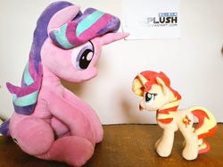 Size: 1024x767 | Tagged: safe, artist:nekokevin, imported from derpibooru, starlight glimmer, sunset shimmer, pony, unicorn, cute, duo, female, glimmerbetes, irl, life size, looking at each other, looking down, looking up, mare, photo, plushie, shimmerbetes, sitting, size difference, smiling