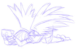 Size: 1001x643 | Tagged: safe, artist:jonfawkes, imported from derpibooru, oc, oc only, oc:rainbow feather, human, bag, embarrassed, faceplant, humanized, injured, interspecies offspring, magical lesbian spawn, medic, medicine, offspring, parent:gilda, parent:rainbow dash, parents:gildash, sketch, solo, winged humanization, wings