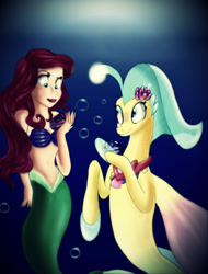 Size: 1946x2560 | Tagged: safe, artist:princessrosemcmitten, imported from derpibooru, princess skystar, seapony (g4), my little pony: the movie, ariel, bubble, clam, crepuscular rays, crossover, disney, female, fin wings, fins, flower, flower in hair, jewelry, necklace, ocean, smiling, the little mermaid, underwater, water, wings