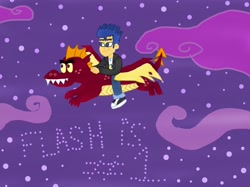 Size: 1033x774 | Tagged: safe, artist:ktd1993, imported from derpibooru, flash sentry, garble, dragon, equestria girls, flash sentry riding garble, german, humans riding dragons, jeffrey wipprecht, riding, vincent tong, voice actor joke