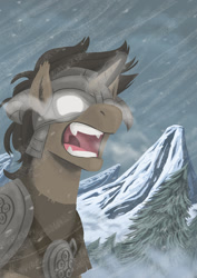 Size: 848x1200 | Tagged: safe, artist:robbiecave, imported from derpibooru, pony, unicorn, crossover, dovahkiin, fangs, fus-ro-dah, male, mountain, ponified, skyrim, snow, solo, stallion, the elder scrolls