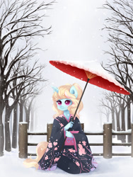 Size: 1024x1365 | Tagged: safe, artist:exceru-karina, imported from derpibooru, oc, oc only, oc:strawberry ice, anthro, anthro oc, clothes, commission, female, kimono (clothing), kneeling, mare, smiling, snow, snowfall, solo, umbrella, ych result