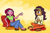 Size: 1200x800 | Tagged: safe, artist:flight-of-the-moon, deleted from derpibooru, imported from derpibooru, gloriosa daisy, saffron masala, equestria girls, alternate clothes, alternate costumes, clothes, colored sketch, equestria girls-ified, midriff, pants, shirt, short shirt, smiling