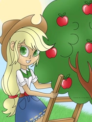 Size: 1024x1365 | Tagged: safe, artist:lavenderrain24, imported from derpibooru, applejack, equestria girls, apple, apple tree, clothes, cowboy hat, cute, denim skirt, female, food, freckles, hat, ladder, legs, skirt, smiling, solo, stetson, tree