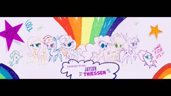 Size: 1200x675 | Tagged: safe, imported from derpibooru, screencap, applejack, fizzlepop berrytwist, fluttershy, glitter drops, pinkie pie, rainbow dash, rarity, tempest shadow, twilight sparkle, alicorn, earth pony, pony, my little pony: the movie, claus studios, credits, female, group shot, jayson thiessen, mane six, mare, pointy ponies, twilight sparkle (alicorn), wait for us, wip