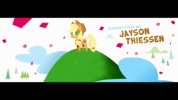 Size: 1200x675 | Tagged: safe, imported from derpibooru, screencap, applejack, earth pony, pony, my little pony: the movie, claus studios, credits, female, jayson thiessen, mare, pointy ponies, wip