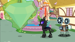 Size: 1153x643 | Tagged: safe, imported from derpibooru, changeling, diamond, film projector, flagpole, fountain, ponyville