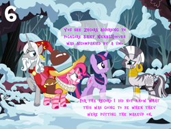 Size: 1024x768 | Tagged: safe, artist:bronybyexception, imported from derpibooru, pinkie pie, star swirl the bearded, twilight sparkle, zecora, pony, unicorn, zebra, advent calendar, black peter, blackface, dutch, female, makeup, male, mare, netherlands, racism, saint nicholas, saint nicklehooves, sinterklaas, snow, species swap, stallion, stripeface, unicorn twilight, zebraface, zebrafied, zebras as black people stereotype, zwarte piet