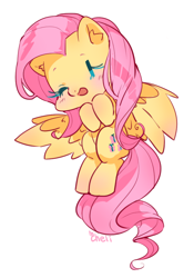 Size: 700x1000 | Tagged: safe, artist:cheli-1104, imported from derpibooru, fluttershy, pegasus, pony, blushing, cute, female, mare, one eye closed, shyabetes, simple background, smiling, solo, spread wings, white background, wings, wink