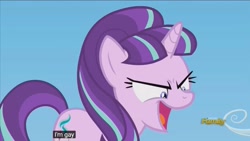 Size: 1200x675 | Tagged: safe, imported from derpibooru, screencap, starlight glimmer, pony, unicorn, the cutie re-mark, discovery family logo, faic, female, glare, i'm gay, lesbian, mare, meme, open mouth, s5 starlight, sky, smiling, smirk, solo, text, wat, wide eyes, youtube caption