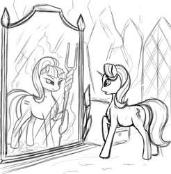 Size: 1280x1299 | Tagged: safe, artist:lightly-san, imported from derpibooru, starlight glimmer, pony, unicorn, the cutie map, chest fluff, duality, ear fluff, equal cutie mark, female, grayscale, inner demons, looking at each other, mare, mirror, monochrome, open mouth, raised hoof, reflection, s5 starlight, self ponidox, sketch, solo, staff, staff of sameness