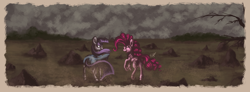 Size: 2600x959 | Tagged: safe, artist:raramila, imported from derpibooru, maud pie, pinkie pie, earth pony, pony, duo, female, looking at each other, mare, rock farm, sisters, smiling, when she smiles