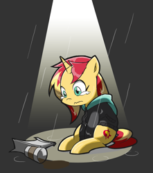 Size: 1327x1498 | Tagged: safe, artist:rvceric, imported from derpibooru, sunset shimmer, pony, unicorn, eqg summertime shorts, equestria girls, monday blues, clothes, coffee, crying, cup, female, mare, paper bag, rain, sad, sitting, solo, sunsad shimmer