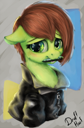 Size: 1310x2000 | Tagged: safe, artist:drafthoof, imported from derpibooru, oc, oc only, oc:oil drop, pony, bust, clothes, floppy ears, jacket, leather jacket, mouth hold, portrait, solo, stylus