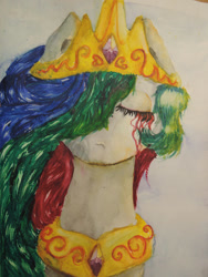 Size: 750x1000 | Tagged: safe, artist:rinioshi, imported from derpibooru, princess celestia, alicorn, pony, crown, eyes closed, female, hair over one eye, jewelry, mare, regalia, solo, traditional art