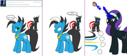 Size: 1808x800 | Tagged: safe, artist:dekomaru, imported from derpibooru, oc, oc only, oc:brave star, oc:nyx, alicorn, changeling, earth pony, pony, tumblr:ask twixie, ask, brushie, comic, magic, male, stallion, tumblr