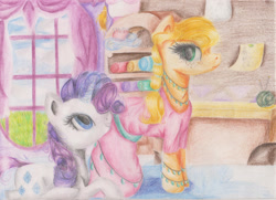 Size: 1335x969 | Tagged: safe, artist:rinioshi, imported from derpibooru, applejack, rarity, earth pony, pony, unicorn, carousel boutique, clothes, dress, duo, female, grin, levitation, magic, makeover, mare, smiling, telekinesis, traditional art, window